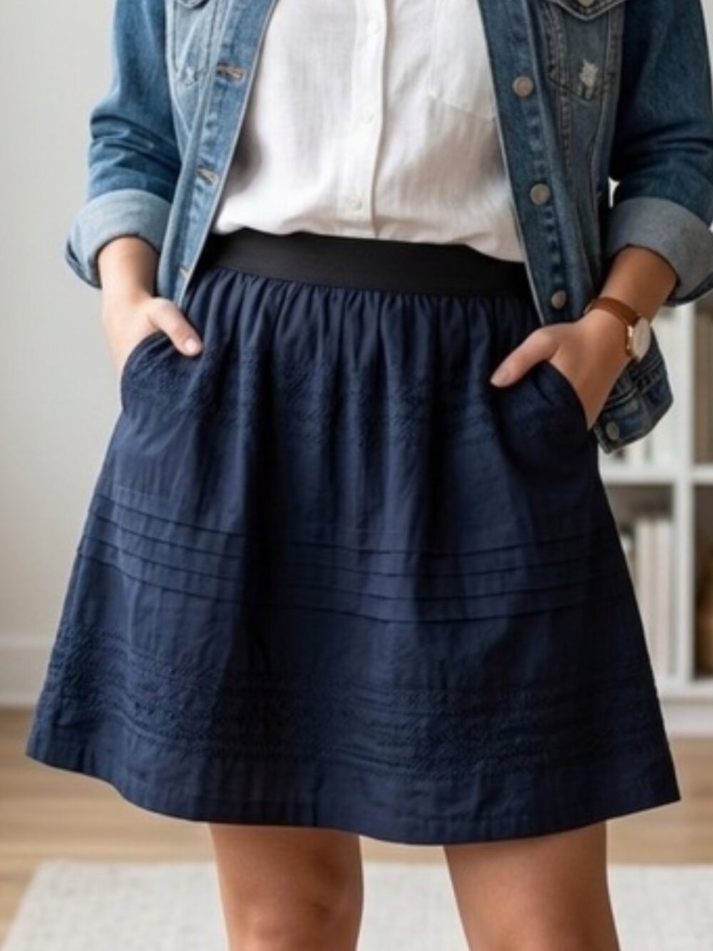 Alfani Skirt medium petite A-line mini subtle pintuck pleats embroidered accents